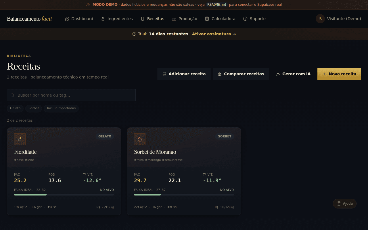 Tela de receitas com balanceamento PAC/POD em tempo real
